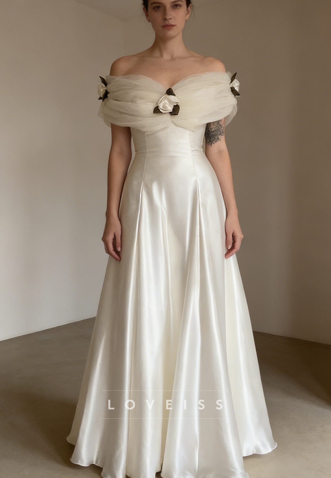 Off-Shoulder Cap Sleeves Satin Vintage A-Line Wedding Dress