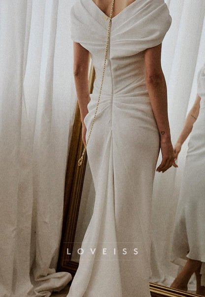 simple off-shoulder empire-waist civil wedding dress reviews Minimalist Off-the-Shoulder Satin Long Civil Wedding Gown