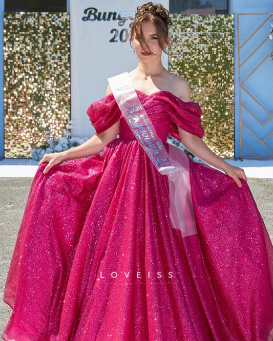 Off-Shoulder Cap Sleeves Sparkly A-Line Prom Dress