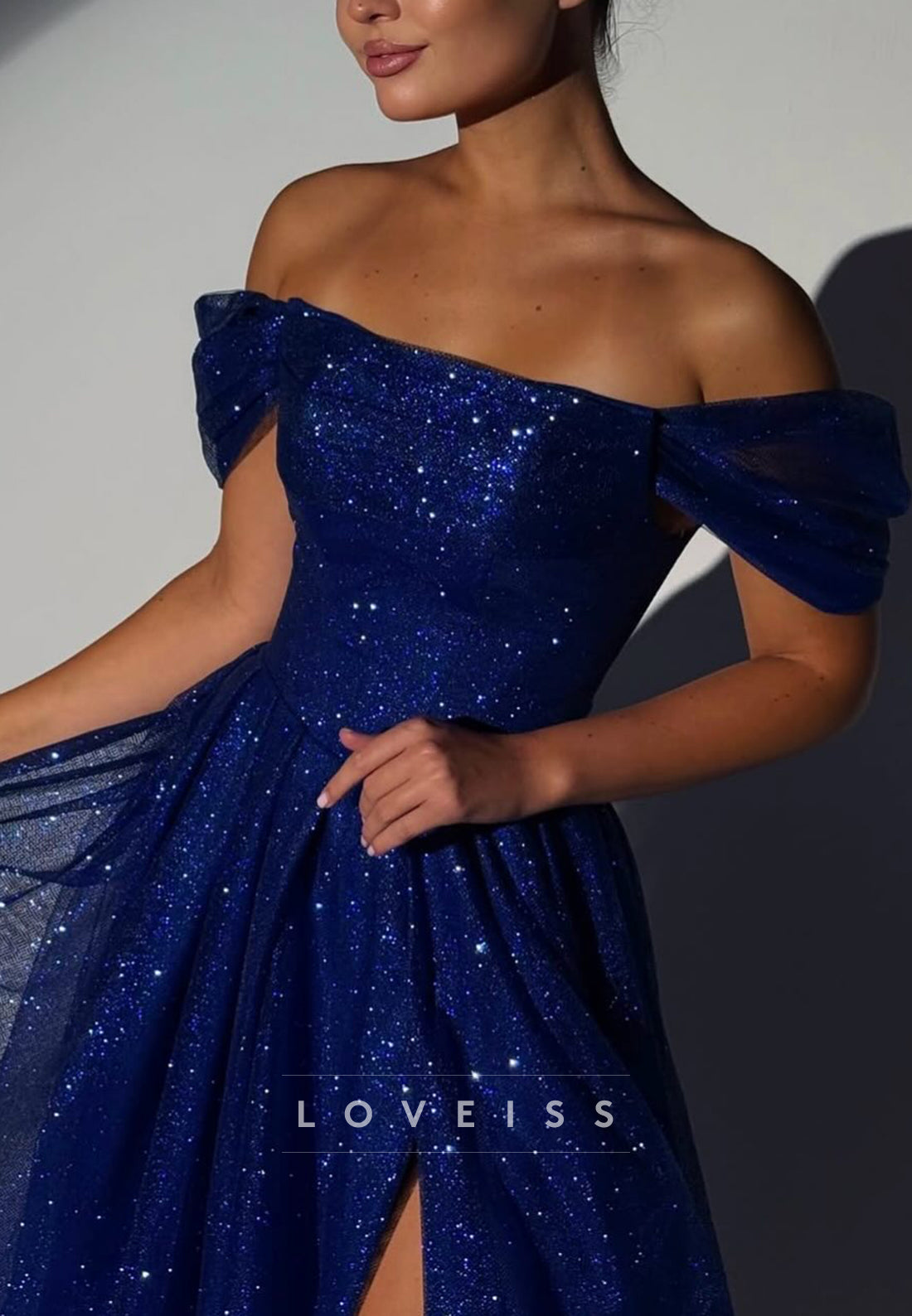 Off-Shoulder Cap Sleeves Sparkly A-Line Prom Dress