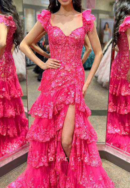 Off-Shoulder Cap Sleeves Tiered Sequins Appliques A-Line Prom Dress