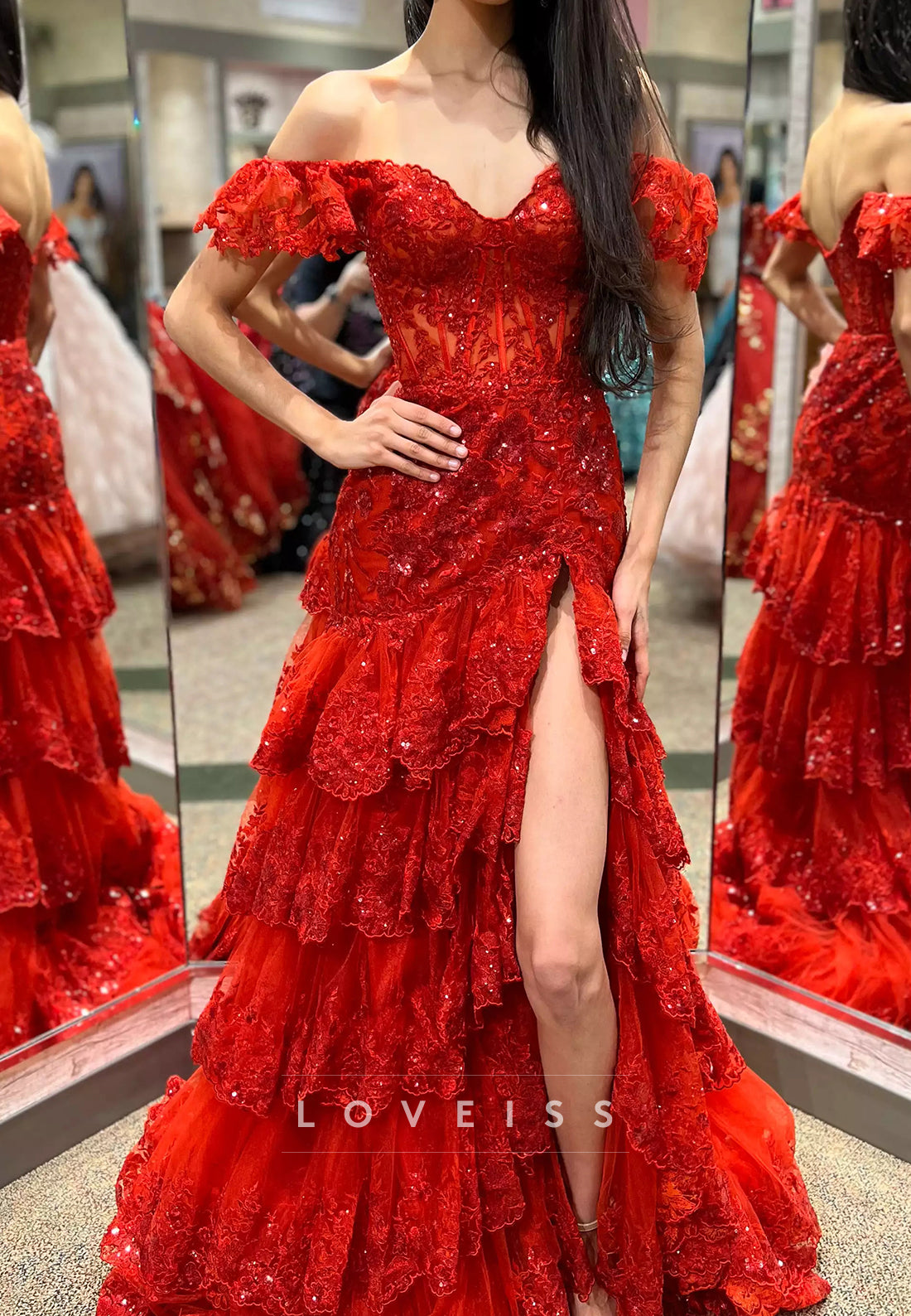 Off-Shoulder Cap Sleeves Tiered Sequins Appliques A-Line Prom Dress