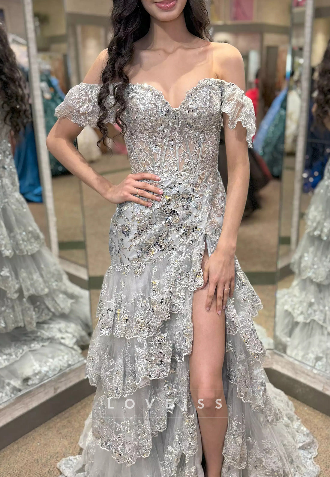 Off-Shoulder Cap Sleeves Tiered Sequins Appliques A-Line Prom Dress