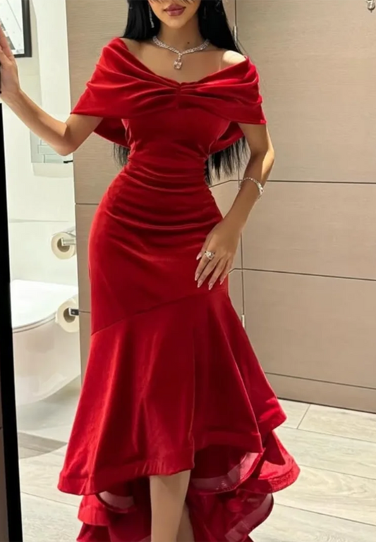 Off-Shoulder Cap Sleeves Velvet Ruffled Mermaid Evening Dress