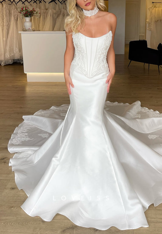 Off-Shoulder Corset Appliques Satin Mermaid Wedding Dress