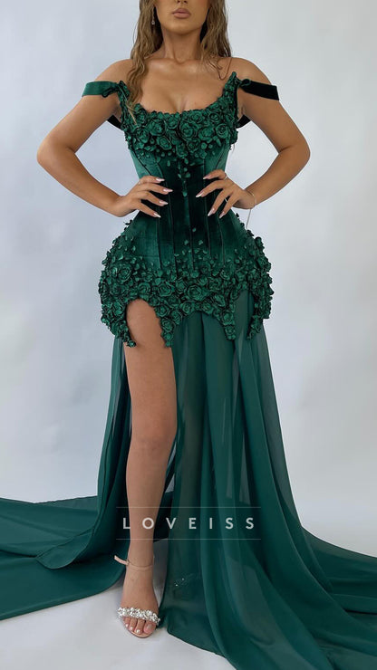 Off-Shoulder Corset Floral Embellished A-Line Prom Dress