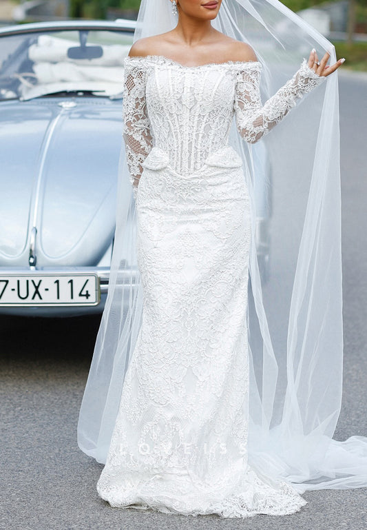 Off-Shoulder Corset Long Sleeves Appliques Mermaid Wedding Dress