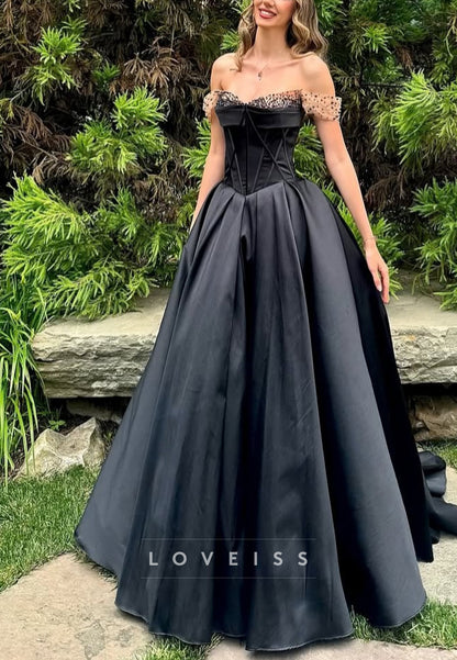 Off-Shoulder Corset Satin A-Line Prom Dress