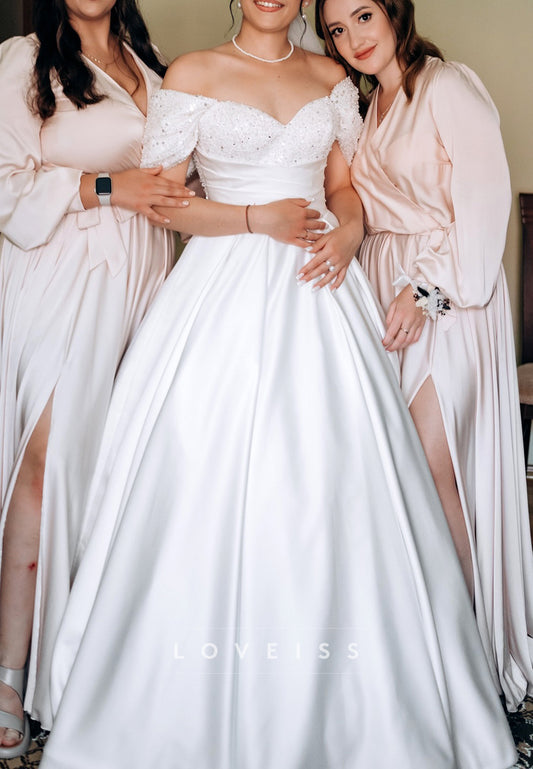 Off-Shoulder Empire Waist Sequins Satin Wedding Dress