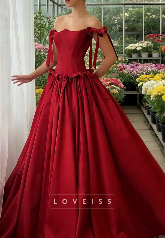 Off-Shoulder Evening Dress Satin Sleeveless A-Line Red Prom Dress