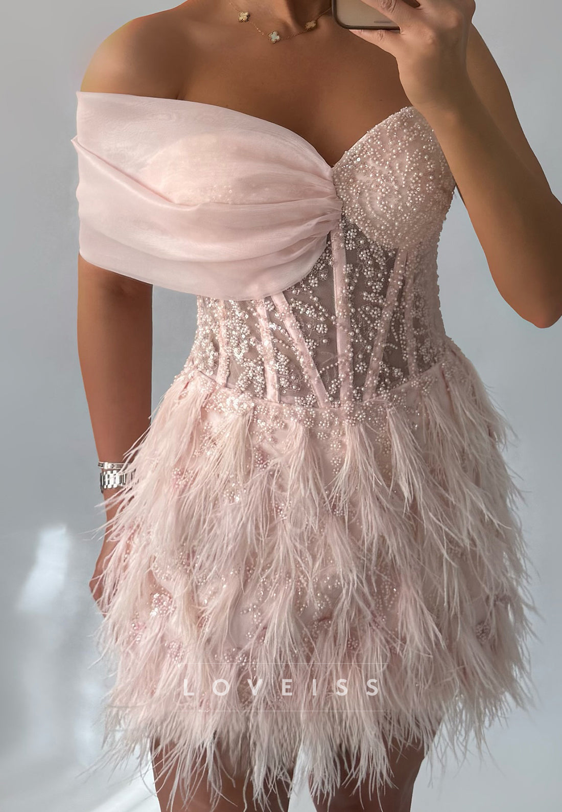 Off-Shoulder Feathered Beaded Sleeveless Sheath Party Homecoming Dress