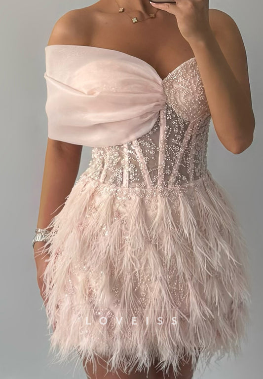 Off-Shoulder Feathered Beaded Sleeveless Sheath Party Homecoming Dress