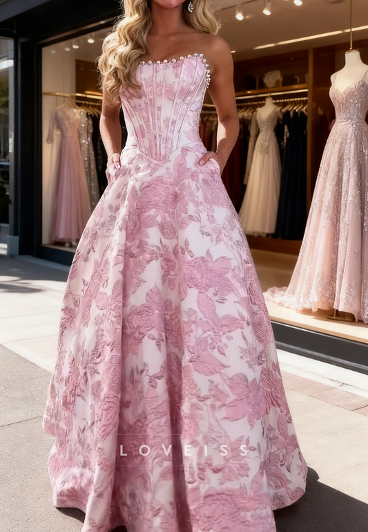 Off-Shoulder Flora Printed Beaded A-Line Prom Dress