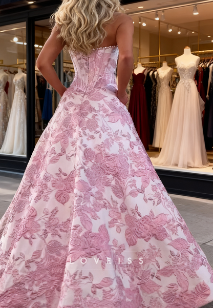 Off-Shoulder Flora Printed Beaded A-Line Prom Dress