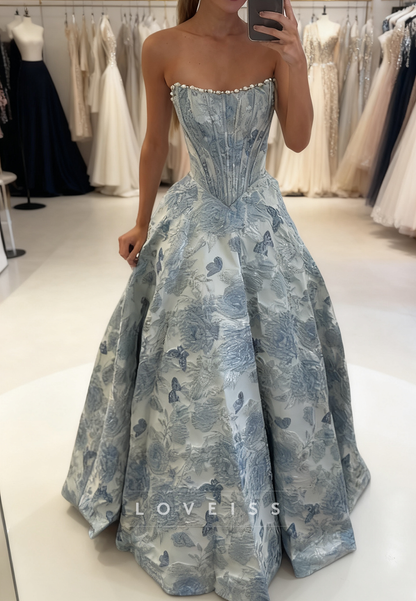 Off-Shoulder Flora Printed Beaded A-Line Prom Dress