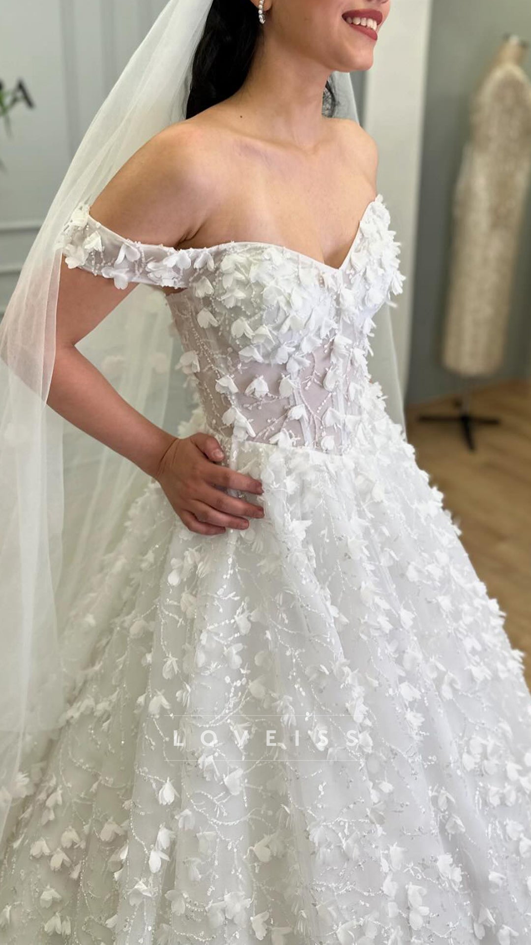 Off-Shoulder Floral Appliques A-Line Bride Gown