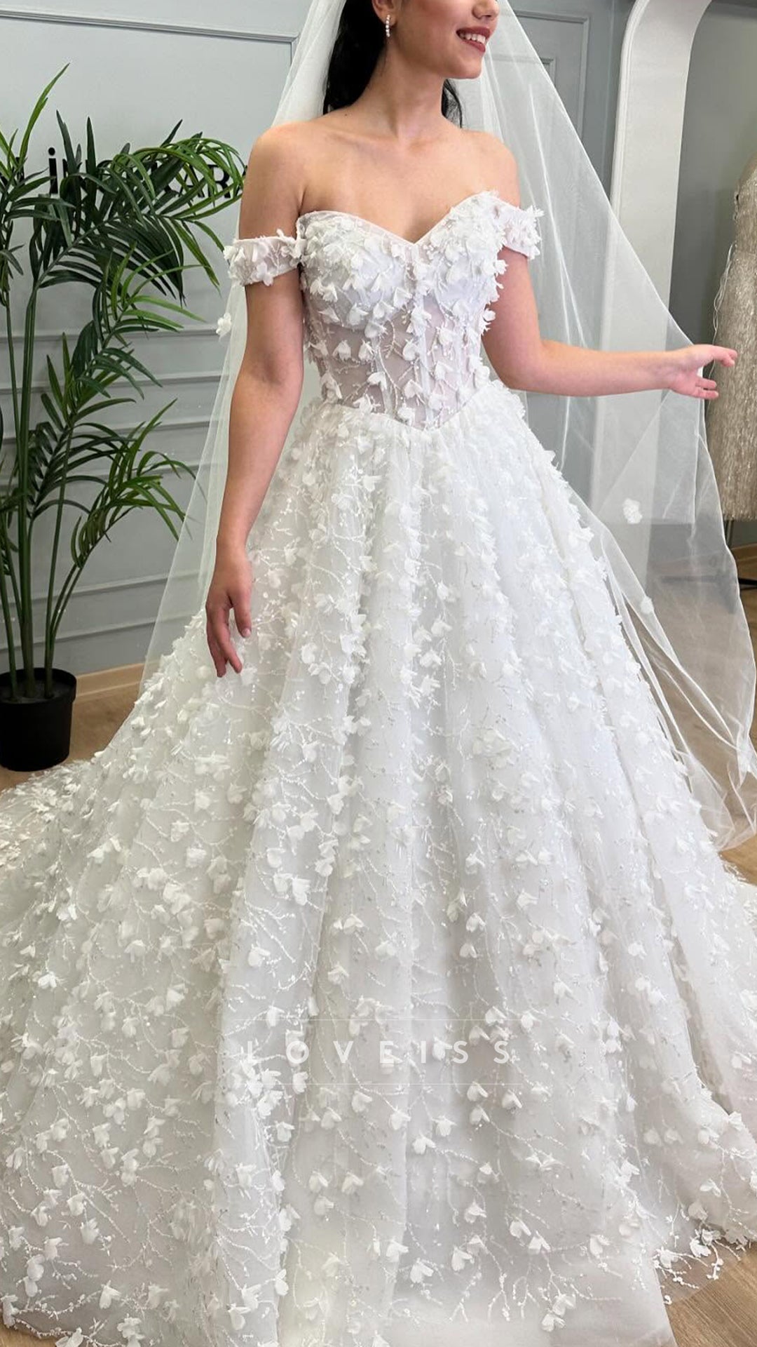 Off-Shoulder Floral Appliques A-Line Bride Gown