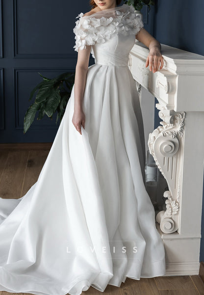Off-Shoulder Floral Appliques A-Line Satin Wedding Dress