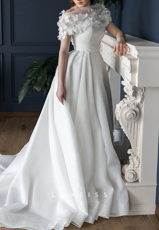 Off-Shoulder Floral Appliques A-Line Satin Wedding Dress