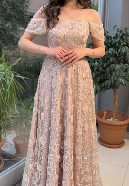 Off-Shoulder Floral Appliques A-Line Sparkly Prom Dress