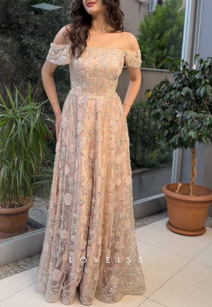 Off-Shoulder Floral Appliques A-Line Sparkly Prom Dress