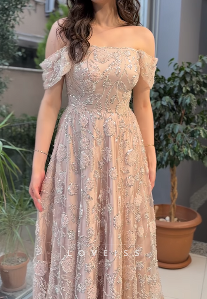 Off-Shoulder Floral Appliques A-Line Sparkly Prom Dress