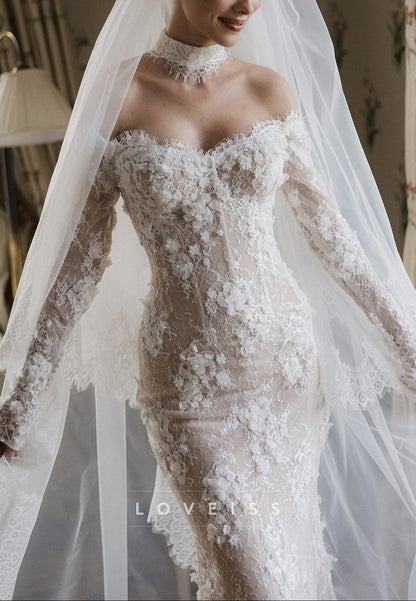 Off-Shoulder Floral Appliques Long Sleeves Mermaid Wedding Dress