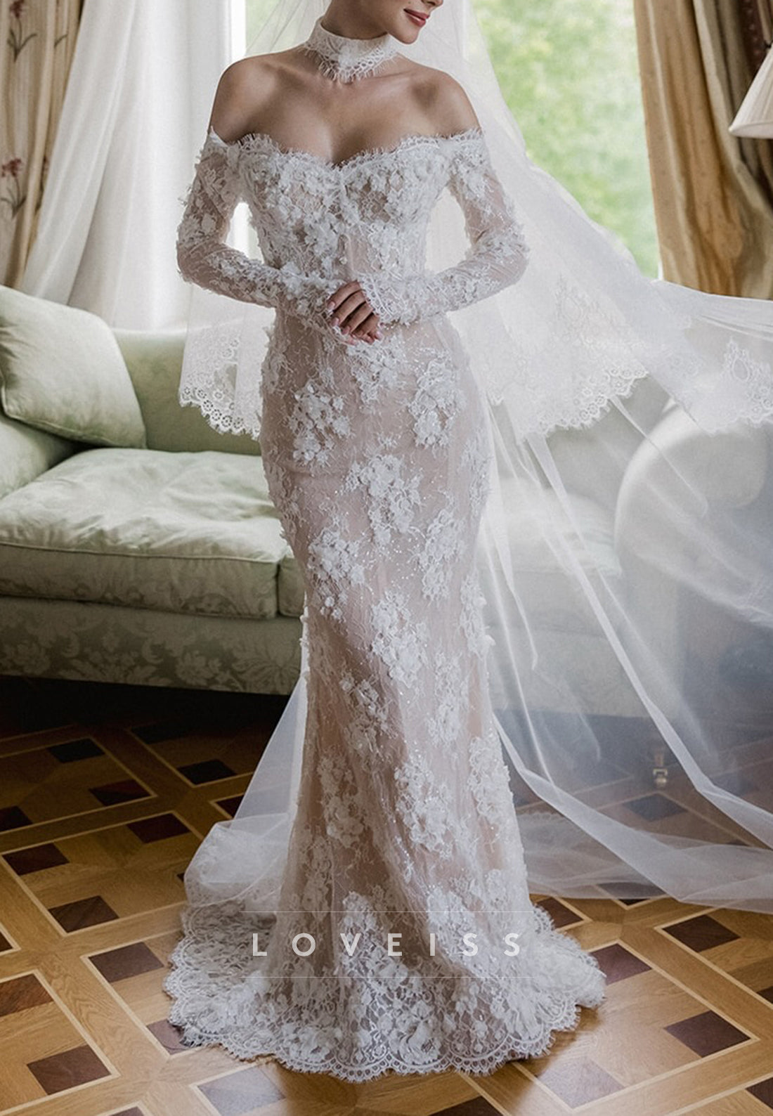 Off-Shoulder Floral Appliques Long Sleeves Mermaid Wedding Dress