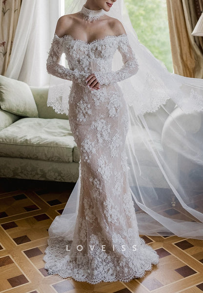 Off-Shoulder Floral Appliques Long Sleeves Mermaid Wedding Dress