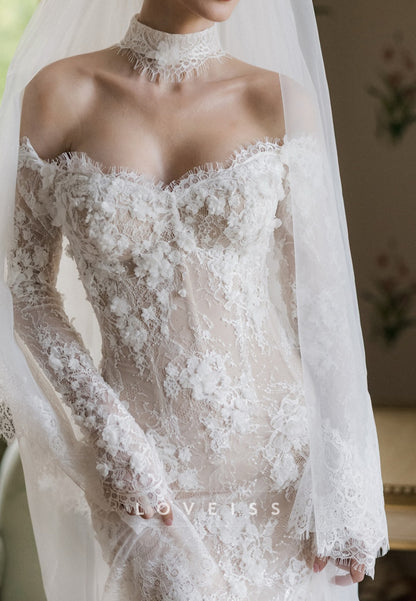 Off-Shoulder Floral Appliques Long Sleeves Mermaid Wedding Dress