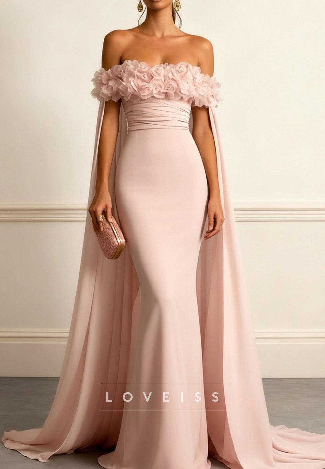 Off-Shoulder Floral Appliques Mermaid Evening Dress