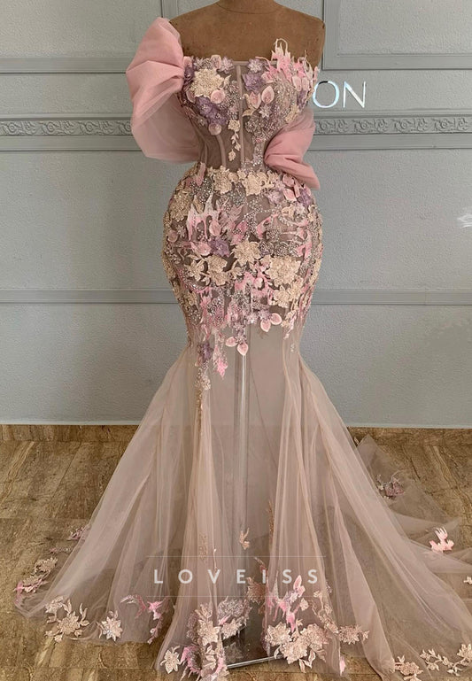 Off-Shoulder Floral Embellished Mermaid Evening Dress