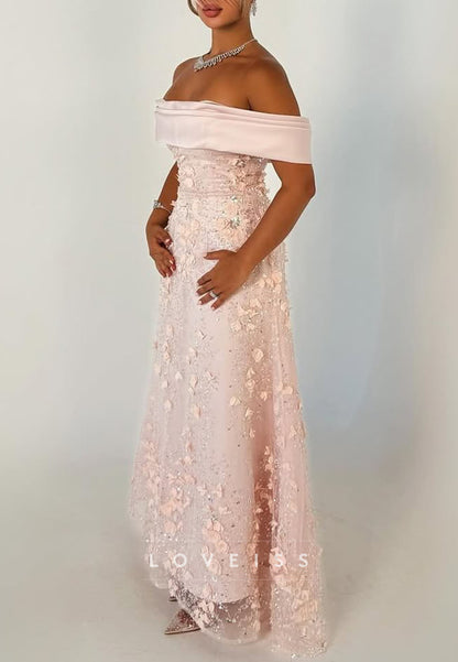 Off-Shoulder Floral Embellished Sheath Evening Dress