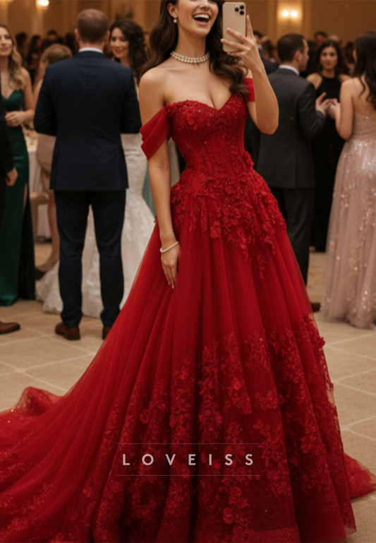 Off-Shoulder Floral Lace Appliques A-Line Prom Dress