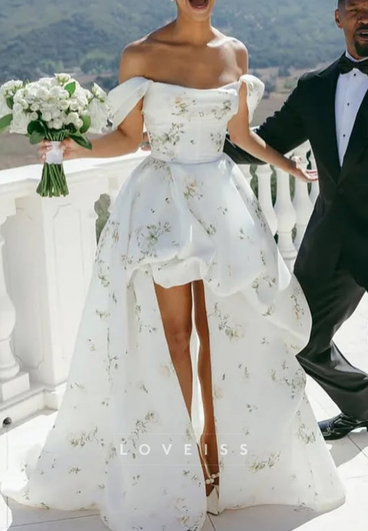 Off-Shoulder Floral Printed A-Line Wedding Dress