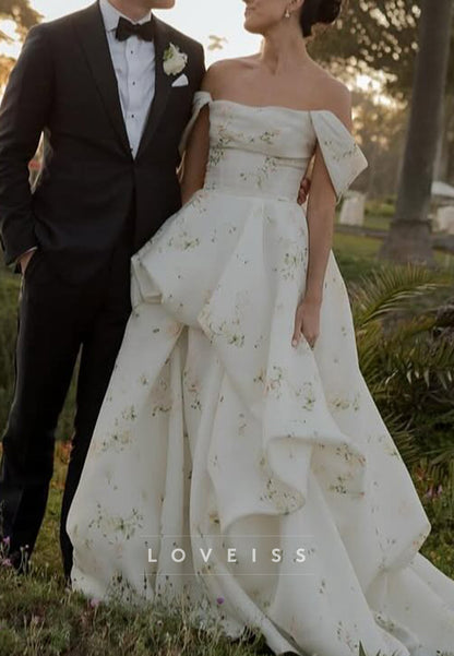 Off-Shoulder Floral Printed A-Line Wedding Dress
