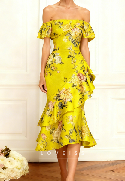 Off-Shoulder Floral Printed Mermaid Mother of Bride Dress