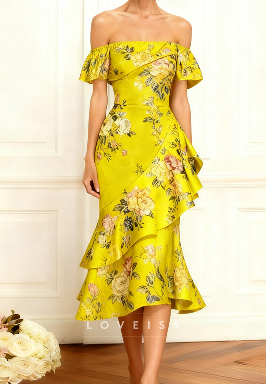 Off-Shoulder Floral Printed Mermaid Mother of Bride Dress