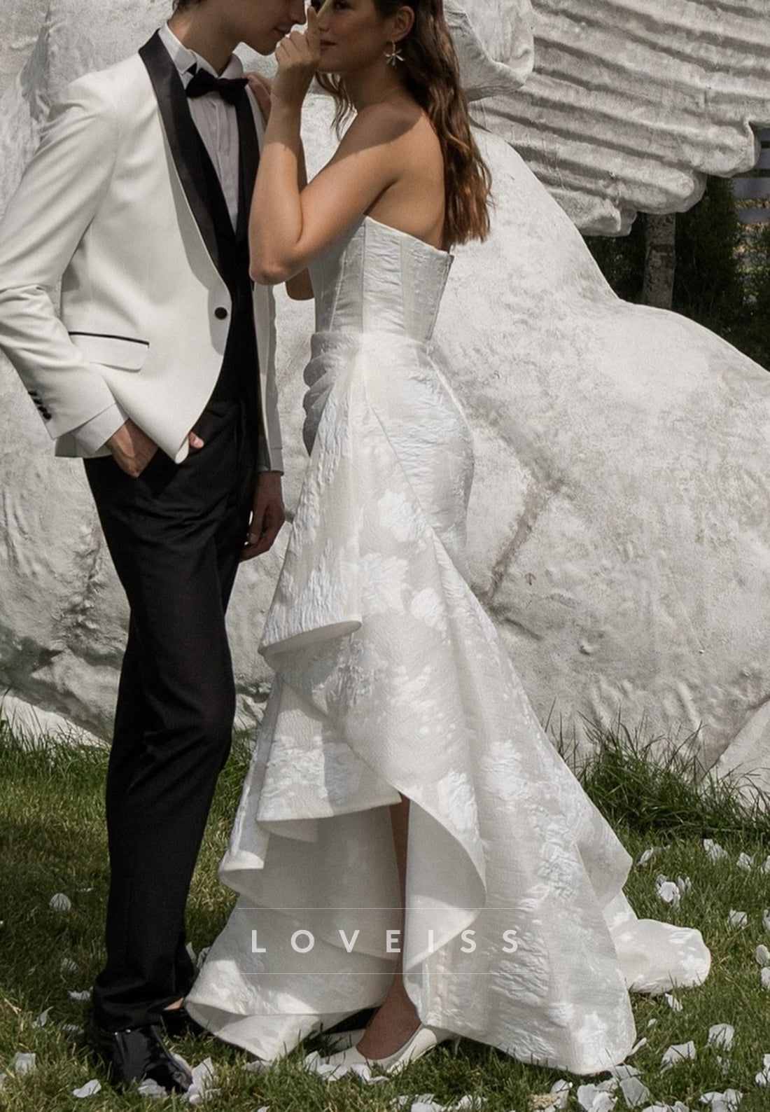 Off-Shoulder Floral Printed Ruffles Sheath Wedding Dress