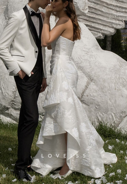 Off-Shoulder Floral Printed Ruffles Sheath Wedding Dress