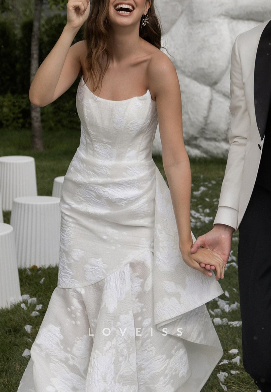 Off-Shoulder Floral Printed Ruffles Sheath Wedding Dress