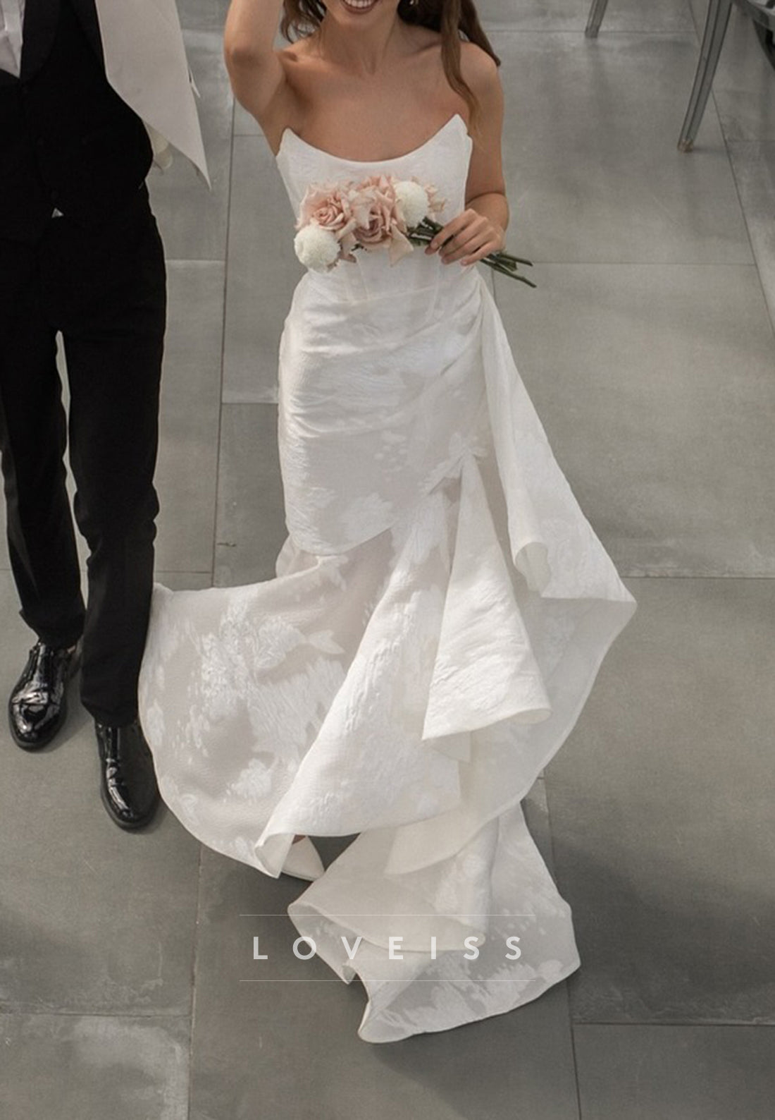 Off-Shoulder Floral Printed Ruffles Sheath Wedding Dress