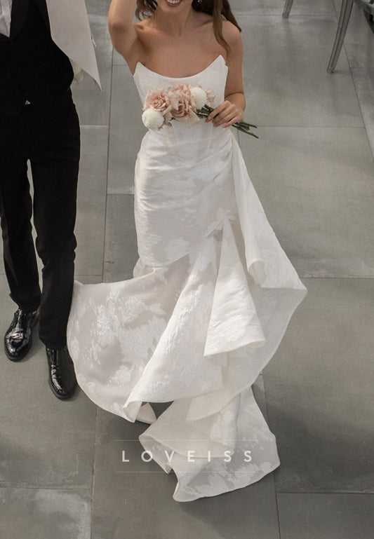 Off-Shoulder Floral Printed Ruffles Sheath Wedding Dress