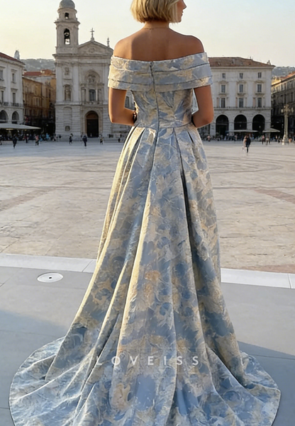 Off-Shoulder Floral Printed Satin Mermaid Evening Dress