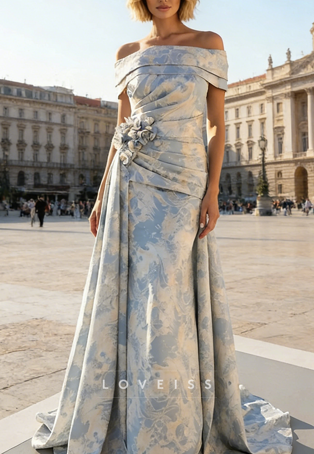 Off-Shoulder Floral Printed Satin Mermaid Evening Dress