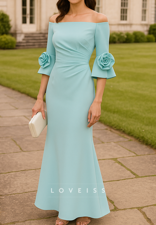 Off-Shoulder Half Sleeves 3D Floral Mermaid Mother of Bride Dress
