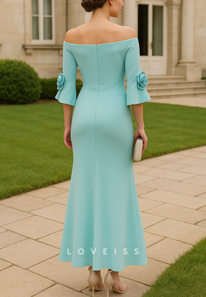 Off-Shoulder Half Sleeves 3D Floral Mermaid Mother of Bride Dress