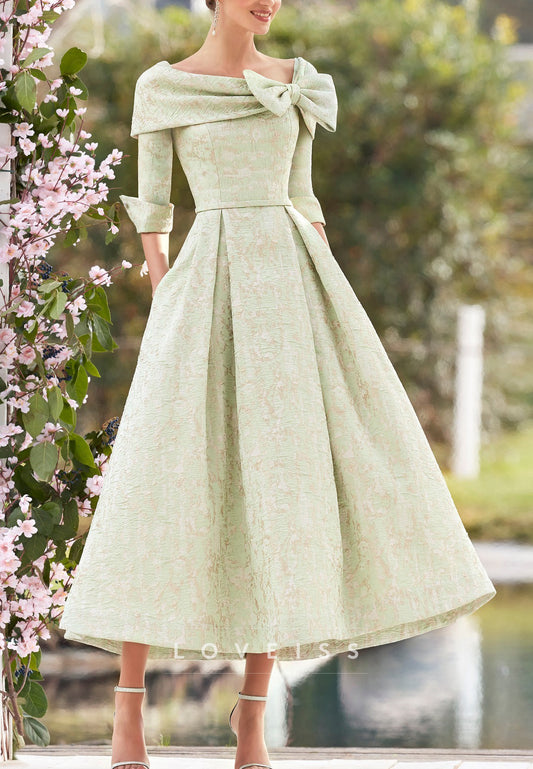 Off-Shoulder Half Sleeves Floral Printed A-Line Mother of Bride Dress