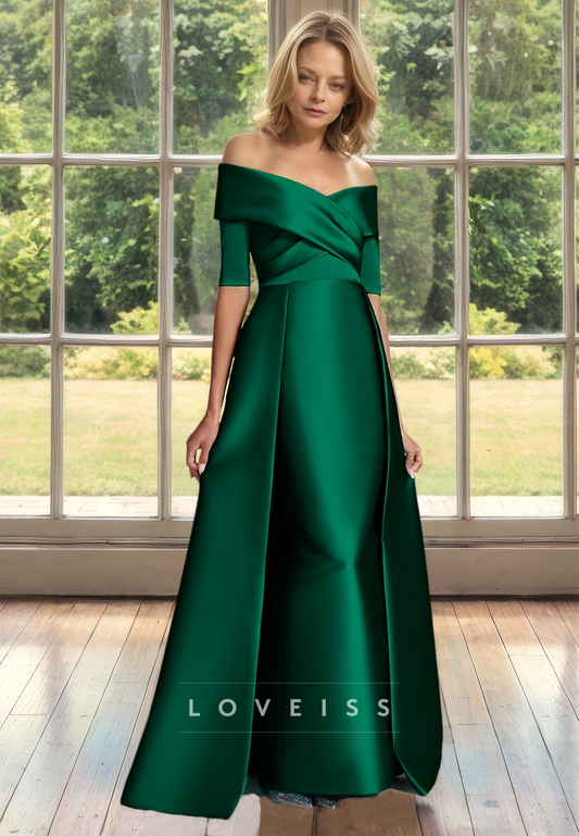 Off-Shoulder Half Sleeves Sleek Satin Mermaid Mother of Bride Dress