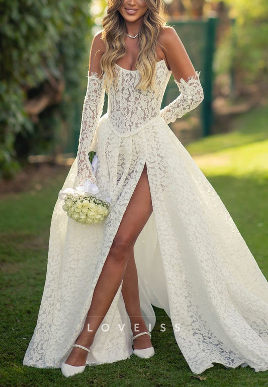 Off-Shoulder Lace Appliques A-Line Side Slit Wedding Dress